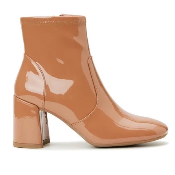 Madden NYC Caramel Tan Patent Leather Side Zip Block Heeled Almond Toe Bootie - Picture 9 of 15